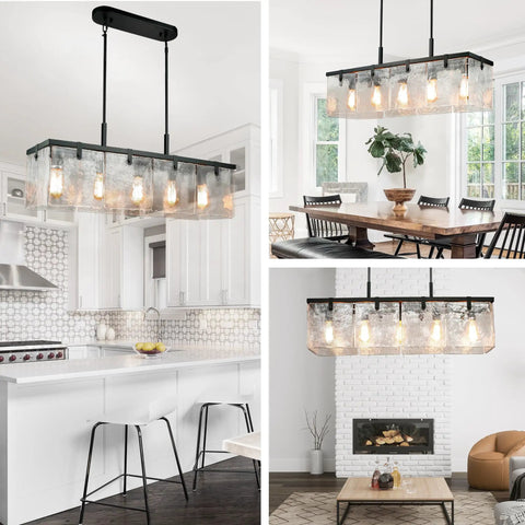 Textured Glass Chandelier With Water Ripple Panels For Dining Room And Kitchen Island, 37 Inch Rectangular Island Light Fixture In Farmhouse Style Living Room Lighting in modern kitchen and dining setup.
