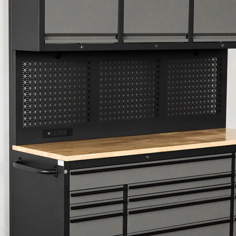 Top Tier 72 Inch Rolling Tool Chest 79 Inches Tall features black pegboard backing and wooden countertop for garage organization.