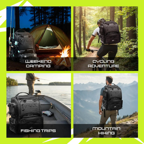 Collage showing Waterproof Fishing Backpack With Tackle Boxes Rod Holder And Foldable Net 40L for camping, cycling, fishing, hiking.