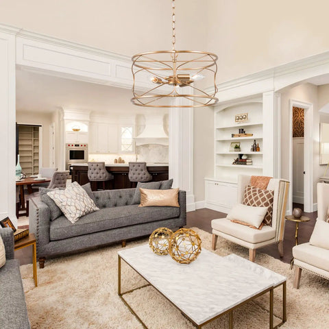 Living room with modern decor featuring Dope Gold Drum Chandelier Three Light Pendant Ceiling Light For Kitchen Island Dining Room Living Room And Entryway Modern Gold Hanging Fixture With Elegant Drum Shade