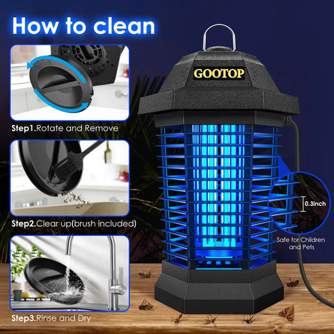 Outdoor Bug Zapper That Actually Works 4200V Electric Mosquito Killer with 3 Prong Plug and UV Light Attractant, cleaning steps shown.