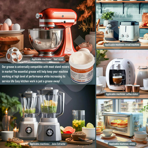6 oz food-grade grease for KitchenAid stand mixer; jar with gasket and spoon beside a red mixer in a kitchen collage.