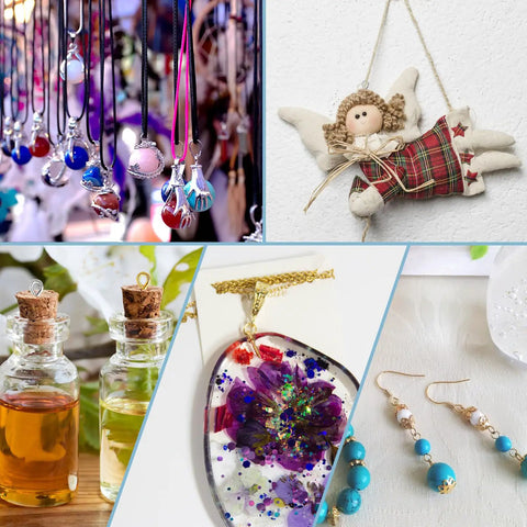 Collection of jewelry pieces, cork top bottles, and crafts showcasing the use of 400Pcs Small Screw Eye Pins Set With Mini Eye Hooks.