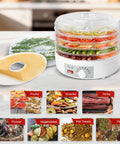Straight Up Five Tray Food Dehydrator Machine With Adjustable Temperature Dial Horizontal Heat Flow For Preparing Homemade Jerky Fresh Herbs Ripe Fruit Crunchy Veggies Zero Additives Bpa Free White with stacked trays of fruits and vegetables.