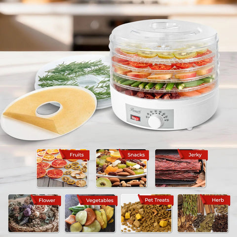 Straight Up Five Tray Food Dehydrator Machine With Adjustable Temperature Dial Horizontal Heat Flow For Preparing Homemade Jerky Fresh Herbs Ripe Fruit Crunchy Veggies Zero Additives Bpa Free White with stacked trays of fruits and vegetables.