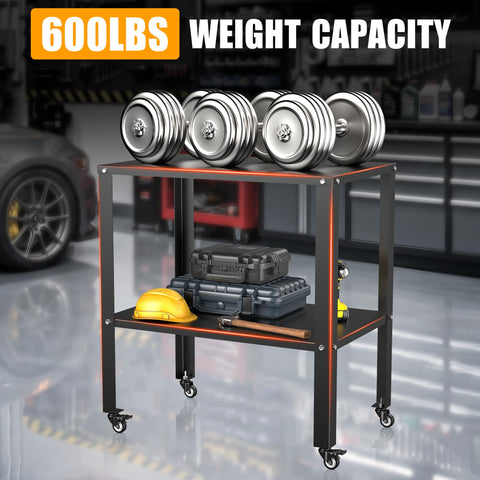 Pro-Grade Welding Workbench Table With Heavy-Duty Steel Construction featuring weights, tools, and helmet on shelves in a garage