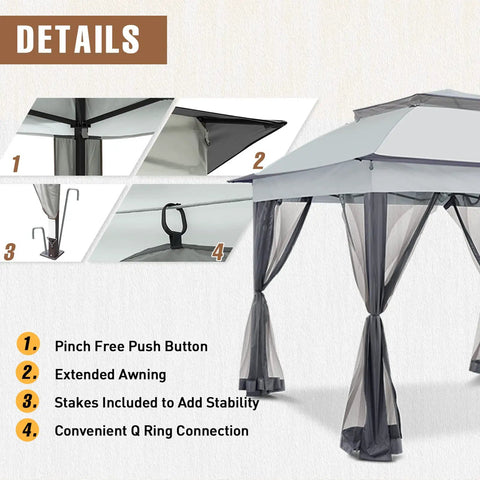 11x11 Pop Up Gazebo Tent With Mesh Netting Instant Outdoor Canopy With UPF 50+ UV Protection Water Resistant Gray Easy Setup