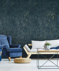 Top Shelf Natural Cork Wall Covering In Dope Navy Blue With Shiny Gold Metallic Vibes, 3 Ft By 24 Ft Roll used in modern living room.