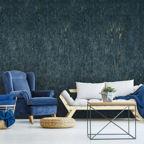 Top Shelf Natural Cork Wall Covering In Dope Navy Blue With Shiny Gold Metallic Vibes, 3 Ft By 24 Ft Roll used in modern living room.