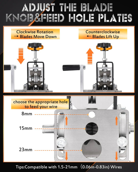 Adjustable blade knob on Dual Power Wire Stripping Tool 2 In 1 Drill Powered And Hand Crank Wire Peeler for 1mm to 21mm wires.