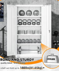 Tough As Nails Heavy Duty Steel Closet 72 Inch Tall Lockable Storage Cabinet with four adjustable shelves holding weights.
