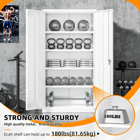 Tough As Nails Heavy Duty Steel Closet 72 Inch Tall Lockable Storage Cabinet with four adjustable shelves holding weights.