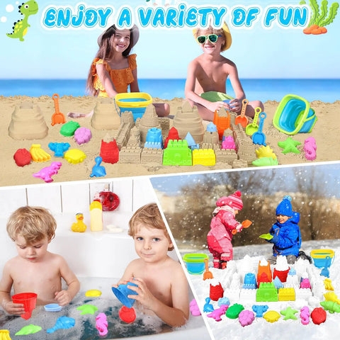 Children playing with Collapsible Beach Toys Set For Kids And Toddlers 32 Piece Sandbox Kit With Double Buckets and molds