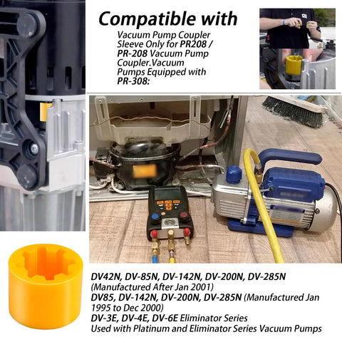 PR308 vacuum pump coupler sleeve (orange plastic) for PR208/PR-208; shown with vacuum pump and controller.