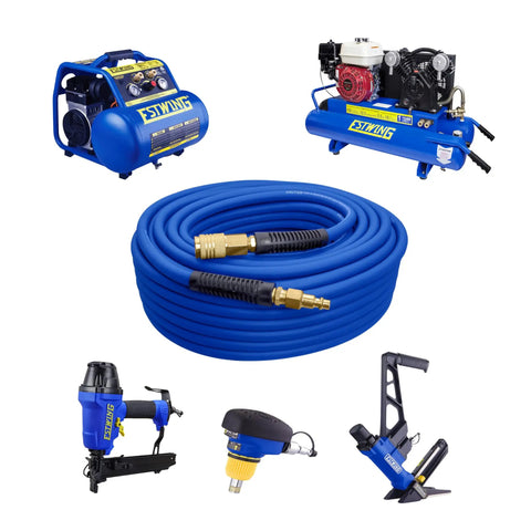 One Quarter Inch By One Hundred Foot PVC And Rubber Hybrid Air Hose With Brass Fittings, surrounded by pneumatic tools and compressors.