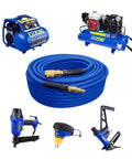 Three Eighths Inch By One Hundred Feet PVC Rubber Hybrid Air Hose With One Quarter Inch Brass Fittings For HVLP Sprayers And Pneumatic Auto Tools, Lightweight Yet Durable With Universal Coupler, surrounded by various pneumatic tools and compressors