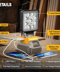LED Work Light for 20V Tools with 140 Degree Pivoting Head showing USB and Type C ports on wood surface