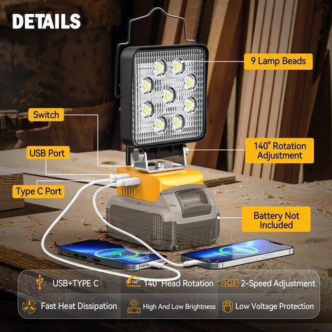 LED Work Light for 20V Tools with 140 Degree Pivoting Head showing USB and Type C ports on wood surface