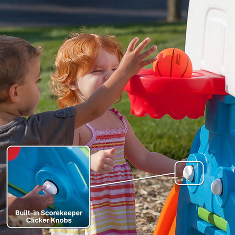 Kids Indoor Outdoor Playset With Slide Climbing Wall Basketball Hoop And Jungle Gym For Toddlers Aged 2 To 6 Years Old Backyard Playground All In One Fun with children playing basketball.
