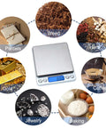 Ultra Precise Digital Kitchen Scale With Backlit Display, 0.001 Oz and 0.01 g, 500 g capacity shown with various uses.