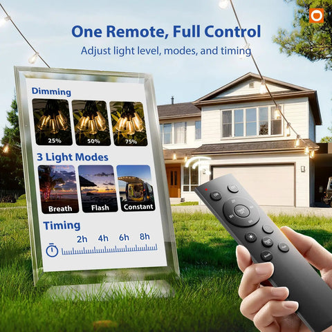 Hand holding remote for 100 Ft LED Outdoor String Lights With Remote Control, showing dimming options and light modes.
