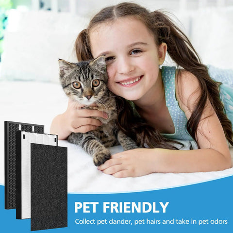 Girl with cat beside Air 320 Replacement Filter Kit For Air 220 And Air 320 With HEPA Filter 2678 Pre Filter And Activated Carbon 2677.