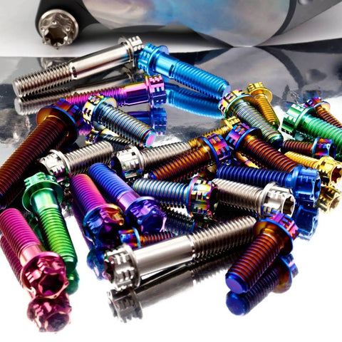 Colorful assortment of Pack Of 4 Grade 5 Titanium Torx Bolts M10 X 1.25 Pitch Brake Caliper Screws in various lengths.
