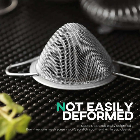 3.3 Inch Fine Mesh Strainer 304 Stainless Steel Cocktail Sieve in conical shape, ideal for tea and coffee filtering on black textured surface