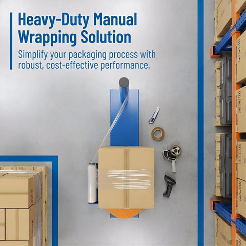 Manual Stretch Wrap Dispenser Handheld Pallet Wrapper Rock Solid Shrink Film Roll Holder with cardboard box on rotating base.
