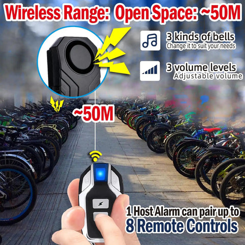 Three Pack Wireless Bike Alarm Anti Theft Burglar Sensor With 113dB Loud Siren IP65 Waterproof Vibration Detection, remote control shown