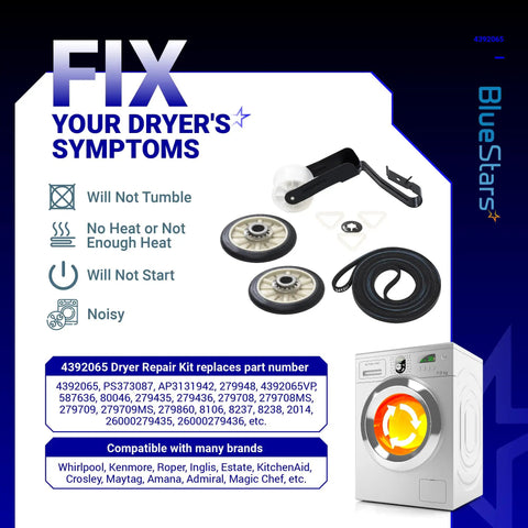 Dryer Repair Kit With Belt, Two Rear Drum Rollers, Idler Pulley, And Hardware For Whirlpool Kenmore Admiral Amana Dryers, DIY Ready