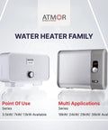 Image showing two electric tankless water heaters: Point Of Use and Multi Applications, both part of the Water Heater Family series.