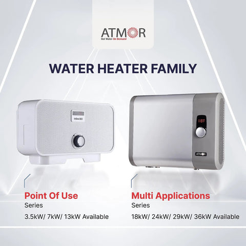 Image showing two electric tankless water heaters: Point Of Use and Multi Applications, both part of the Water Heater Family series.