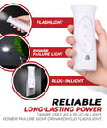 Close-up of Six Pack LED Emergency Lights For Home Power Outage, showing flashlight, power failure light, plug-in combo.