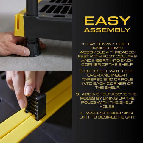 4-Tier Heavy Duty Plastic Garage Storage Shelves For No-Fuss Organization And Space Saving, Rugged Multi Shelf Rack To Tidy Tools, Gear, And Containers, Easy Assembly, Ideal For Workshop Or Home Garage, black plastic shelf foot assembly detail