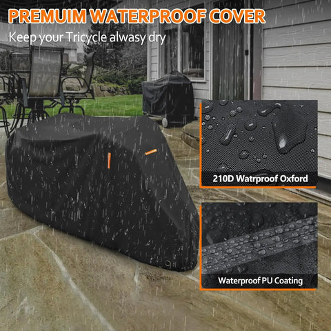 Heavy Duty Adult Tricycle Cover Tough As Nails For Three Wheel Bikes All Season Weatherproof Outdoor Storage Waterproof Dustproof Windproof Fits Mountain Road Cruiser And Some E Bikes 75L 30W 44H in rain, 210D Oxford PU