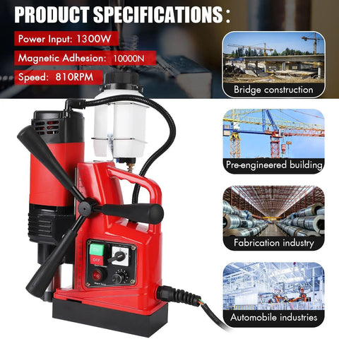 11 Piece Portable Magnetic Drill Press Set With Core Bits For Metal Surface 1.6 Inch Max Drilling Diameter Double Track System showing power and features.
