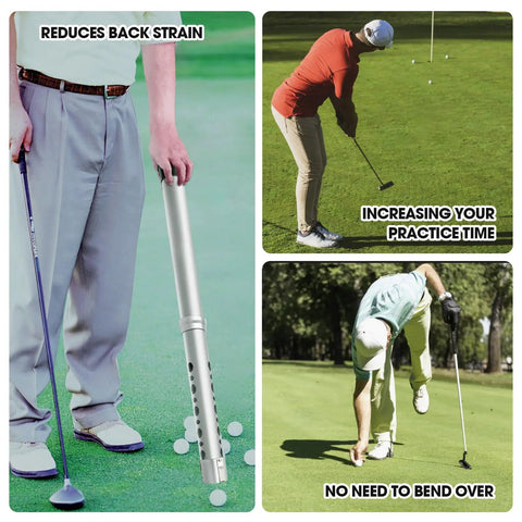 Aluminum Golf Ball Shag Tube Picker Upper With Easy Grip Top Handle Durable Ball Retriever For Practice and On Course Use Sucker Style Ball Pickup Tool For Seamless Retrieval shown reducing back strain and aiding in practice