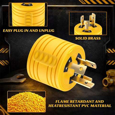 Campground Certified 30 Amp Generator Adapter Nema L5-30P Locking Male To Tt-30R Female RV Power Converter made of yellow flame retardant PVC.