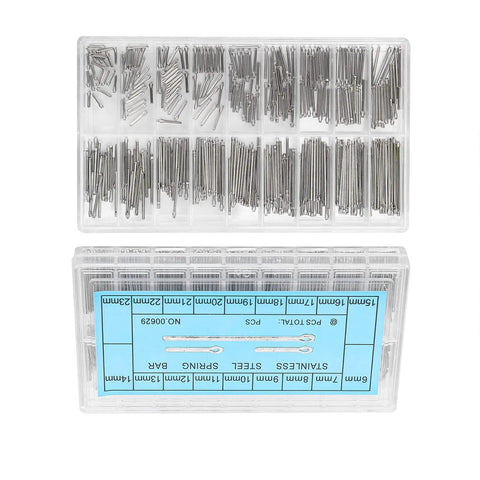 Ten Millimeter Watch Spring Bar Repair Kit For Stainless Steel Bands With Cotter Pins Set Of 18 Sizes organized in a transparent box