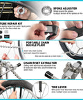 All In One 31 Piece Bicycle Repair Kit With Storage Box for Mountain Road and Park Bikes shown with tools in use, including tire lever, chain riveter, and spoke adjuster.