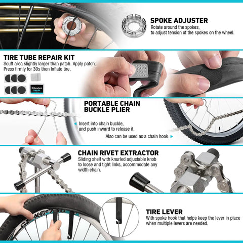 All In One 31 Piece Bicycle Repair Kit With Storage Box for Mountain Road and Park Bikes shown with tools in use, including tire lever, chain riveter, and spoke adjuster.