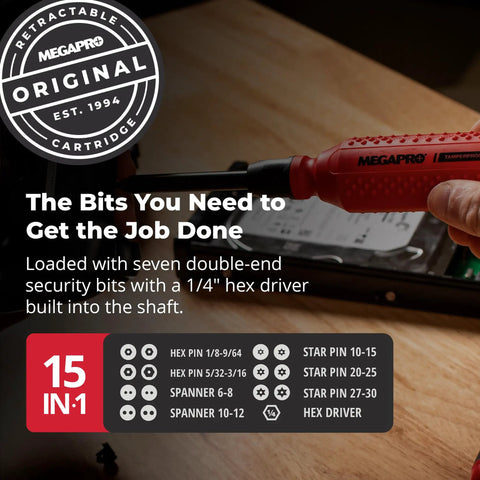 Close-up of Tamperproof 15 In 1 Multi Bit Screwdriver with red Trialx Handle in use, showcasing text and bit information chart.