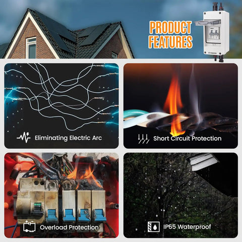 Solar Panel Disconnect Switch 1000V 60A PV Breaker Box showcasing electric arc elimination, short circuit and overload protection, waterproof