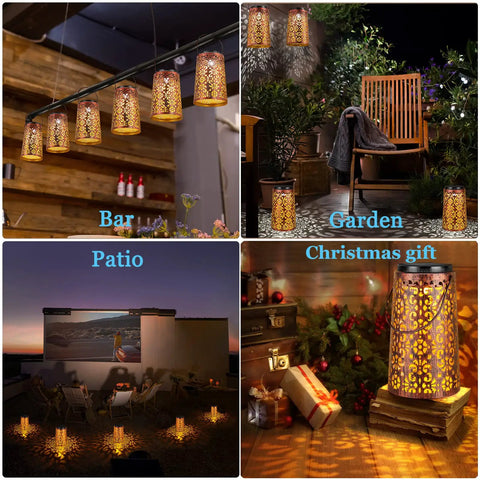 Two Pack Solar Hanging Lanterns Outdoor Lights With IP55 Waterproof Rating Retro Metal Decor displayed in various settings