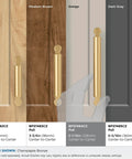 Comparison of Balon Champagne Bronze Cabinet Pulls in different lengths and wood finishes showing versatile installations.