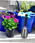Ergonomic Metal Garden Shovel And Ice Scoop with blue pots and flowers, aluminum alloy, sleek design, for gardening tasks