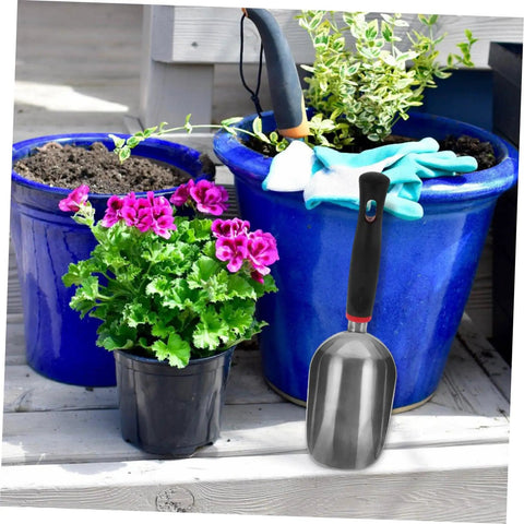 Ergonomic Metal Garden Shovel And Ice Scoop with blue pots and flowers, aluminum alloy, sleek design, for gardening tasks