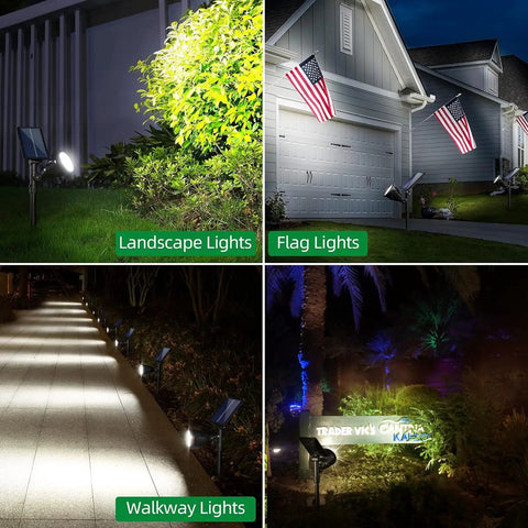 600 Lumen Solar Spotlights Outdoor Garden Yard IP65 Waterproof Landscape Lighting illuminating garden, home exterior, walkway, sign