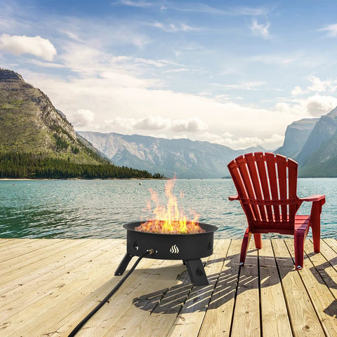 19 Inch Portable Propane Fire Pit With 58,000 BTU Auto Ignition Smokeless Gas Firebowl on a lakeside deck with red chair
